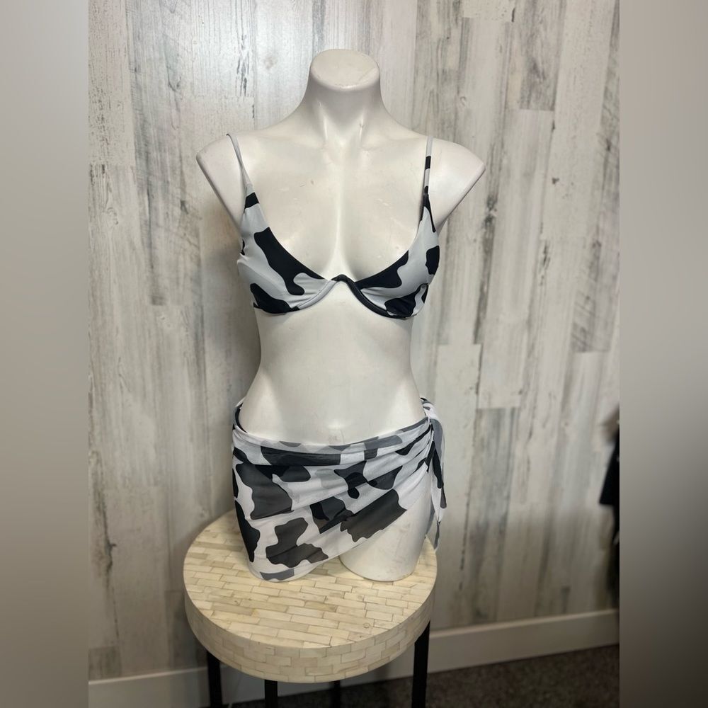3-Piece Cow Print Bikini Set with Matching Mesh Sarong Women’s Small